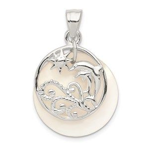 925 Sterling Silver Dolphin & Waves Mother of Pearl Necklace Charm Pendant